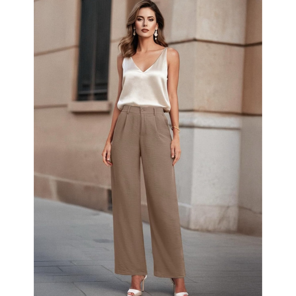 Light Tan Casual Wide Leg Pants High Waisted Button Down Straight Long Trousers - Picture 5 of 7